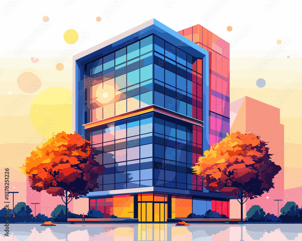 Poster tall building with a glass facade and a tree in front of it. the building is surrounded by trees and