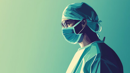 A man in a green lab coat and a blue surgical mask