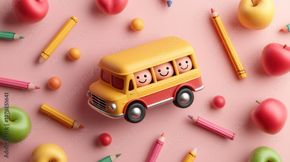 Poster adorable cartoon school bus with smiling faces surrounded by colorful apples and crayons, creating c