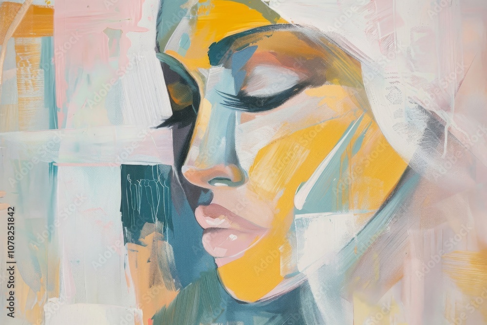 Poster abstract portrait of a woman: colorful expression with soft lines and gentle features, emphasizing e