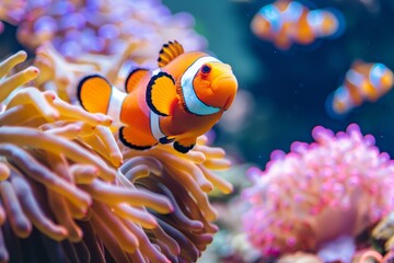 Colorful Clownfish Swim Gracefully Among Vibrant Anemones in a Bright Underwater Reef Ecosystem on a Sunny Day