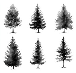 Obraz premium set of hand-drawn watercolor pine trees in black and gray tones on a white background
