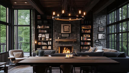 Rustic Scandinavian Cabin with Farmhouse Table and Stone Fireplace