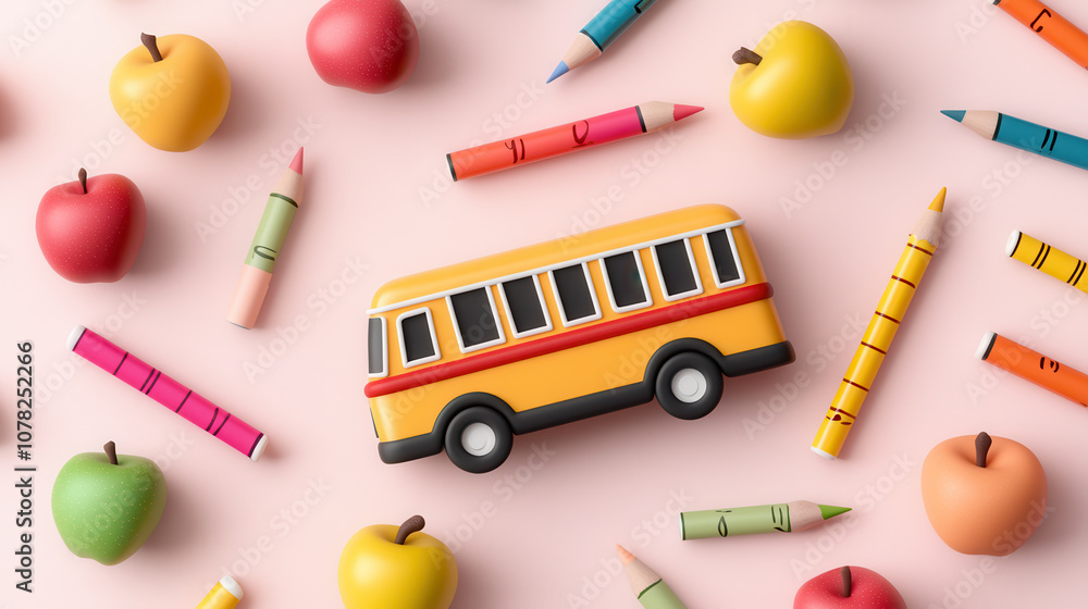 Poster charming school bus surrounded by colorful crayons and apples, creating playful and vibrant atmosphe