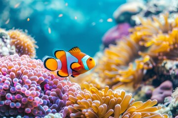 Colorful Clownfish Swimming Among Vibrant Coral Reefs in a Tropical Ocean During Daylight Hours