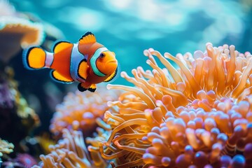 A Clownfish Swimming Gracefully Among Vibrant Anemones in a Lively Coral Reef During a Sunny Day in Tropical Waters