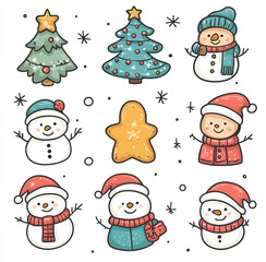 Cute Christmas icons, simple line drawings, pencil sketches, Christmas tree and snowman with gingerbread star, and happy smiling people wearing winter , isolated on a white background