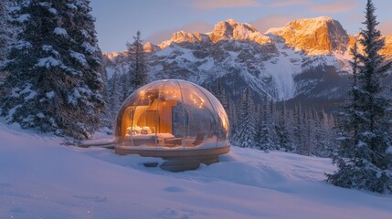 Enchanting Glass Dome Cabin in Snowy Mountain Landscape at Sunset