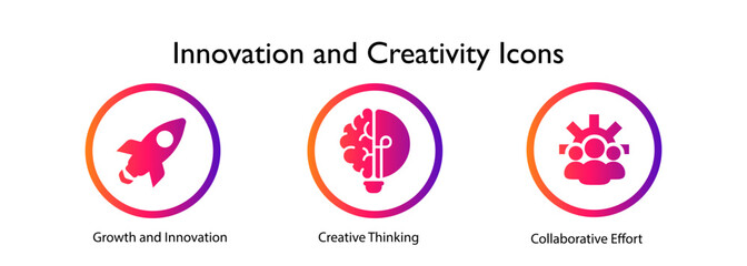 Innovation and Creativity Icons: Creative Thinking, Growth and Innovation, Collaborative Effort