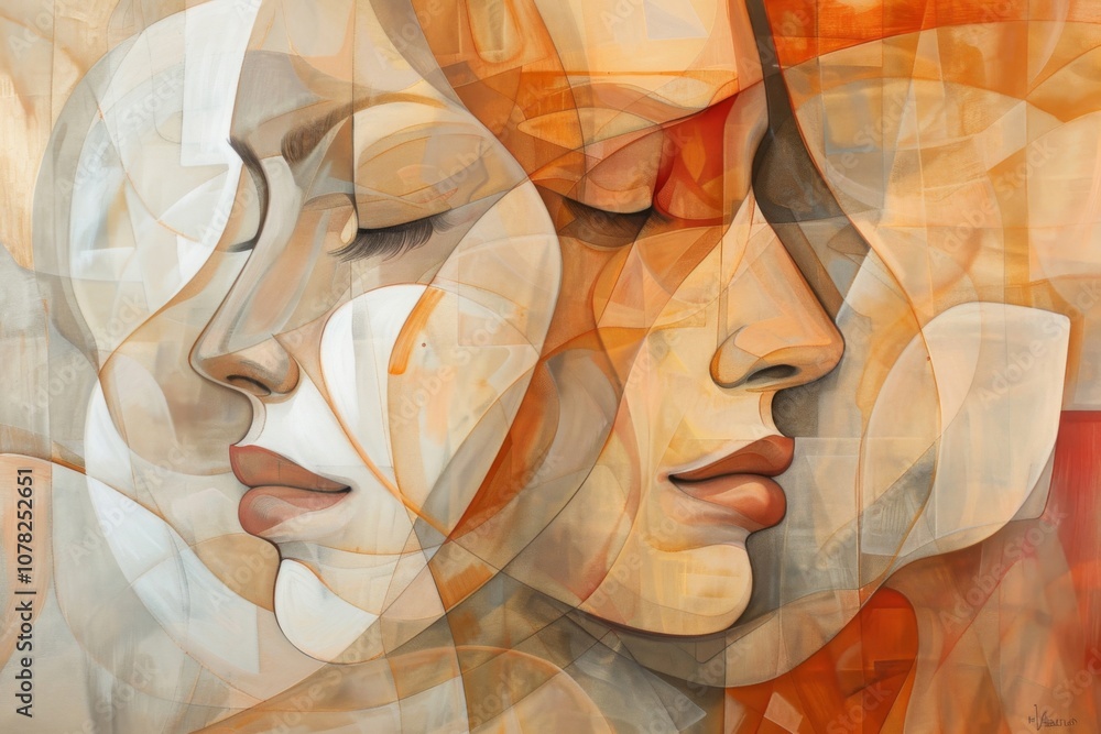 Poster abstract portraits of two women: a harmonious blend of warm tones and soft features, capturing emoti