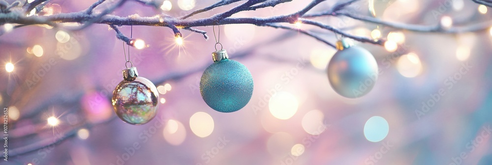 Aufkleber Colorful ornaments dangle from a branch illuminated by soft lights, creating a festive atmosphere for the holidays. Generative AI