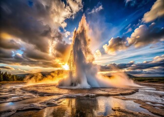 Majestic Geyser Erupting in a Breathtaking Natural Landscape, Showcasing Powerful Volcanic Activity and Geothermal Wonders for Travel and Tourism Enthusiasts
