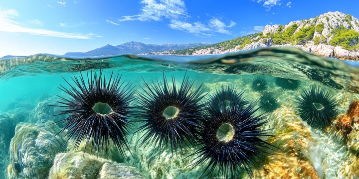 Freshly caught sea urchins, opened to reveal their edible insides (uni), were found at Perna Inlet on St Clement Island, near the Hell's Islands in Croatia.