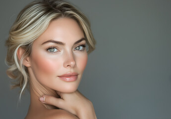 Fototapeta premium beautiful woman with smooth skin poses for an advertising campaign, touching her neck and shoulder against a gray background.