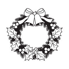 Christmas Wreath Icon Silhouette - Vector Symbol, White Background.