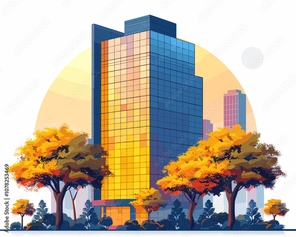 Poster tall building with a large window and a tree in front of it. the building is surrounded by trees and