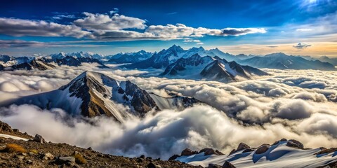 Obraz premium Majestic Top View of High Mountains Above the Clouds from the Slope of Mount Elbrus Capturing Stunning Natural Beauty in Macro Photography
