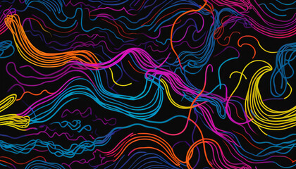 Obraz premium Vibrant, neon squiggles layered on top of each other on a black background, reminiscent of neon lights in the dark