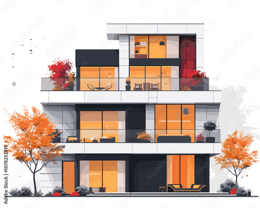 Poster tall white building with a red door and a balcony. the building has many windows and a large tree in