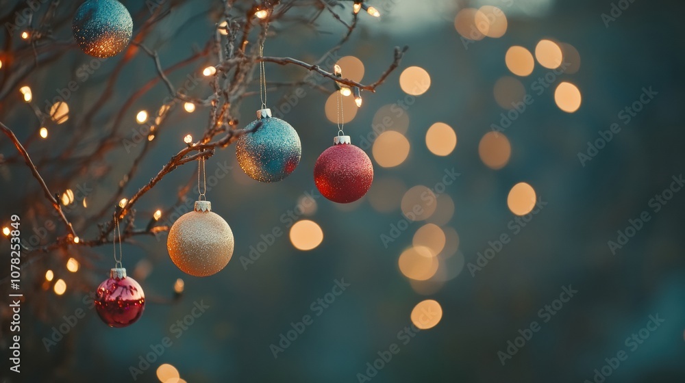 Poster vibrant ornaments in red, blue, and gold dangle from a tree branch, sparkling with soft lights in a 
