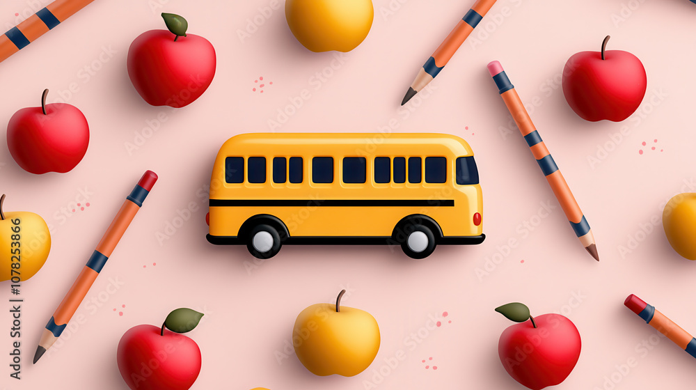 Poster whimsical school bus surrounded by colorful apples and crayons, creating playful and vibrant atmosph