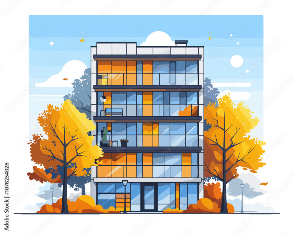 Poster tall building with a lot of windows and a tree in front of it. the building is white and has a lot o