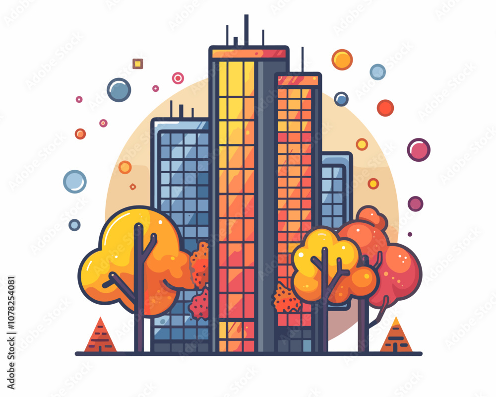 Poster cityscape with a tall building and two trees. the building is surrounded by a circle of bubbles