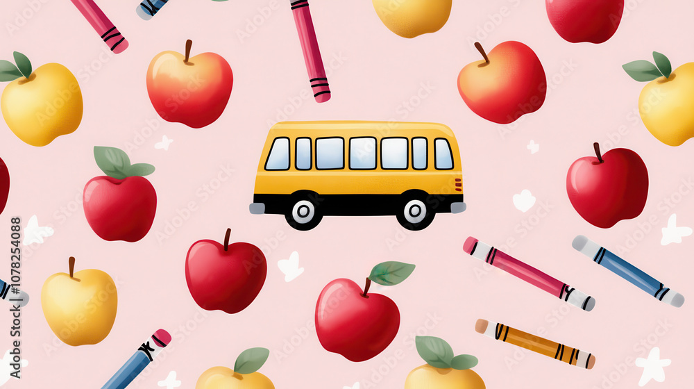 Poster whimsical school bus surrounded by colorful apples and crayons, creating lively and playful atmosphe