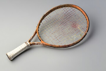 An old worn tennis racket lies on a smooth surface. The frame shows signs of wear and nostalgia. Perfect for sports representation and vintage themes. Generative AI
