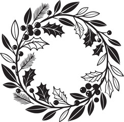 Christmas Wreath Vector Icon in Silhouette Style, Isolated on White.