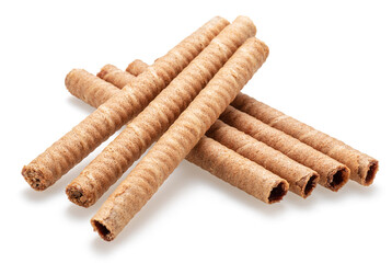 Chocolate waffle rolls isolated on white background.