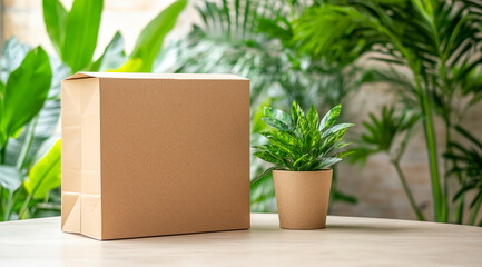 A cardboard box sits on a wooden table next to a small potted plant, with greenery out of focus in the background