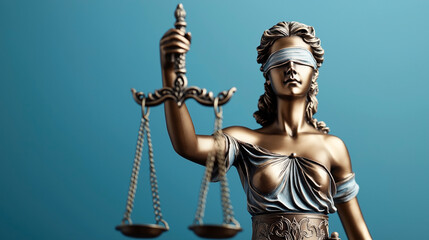 Obraz premium Bronze statue of Lady Justice with blindfold and scales against blue background symbolizing impartiality and fairness in law and justice.