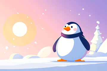 Naklejka premium A cartoon penguin stands on a snowy hillside with a sun in the background