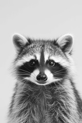 Obraz premium Adorable Black and White Close-Up of a Raccoon with Expressive Eyes and Fluffy Fur, Captured in Studio Setting for Wildlife and Animal Portraits.