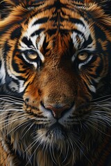 Obraz premium Close-up of a fierce Bengal tiger showcasing vibrant orange and black fur, intense gaze, and intricate facial details against a dark background.