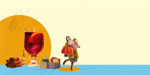 Cheerful young woman with present boxes standing next to glass of warm mulled wine with cinnamon. Warm and festive mood. Contemporary art collage. Concept of winter holidays, hot drinks, Christmas
