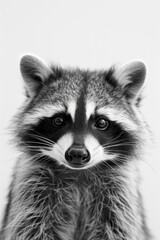 Obraz premium Close-Up Portrait of a Raccoon in Black and White, Showcasing Its Distinctive Facial Markings and Expressive Eyes Against a Minimalistic Background
