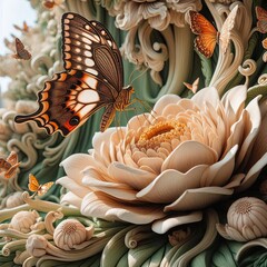 A lifelike sculpture of a butterfly landing on a flower