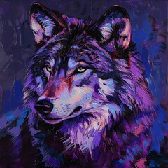 Naklejka premium Colorful Artistic Portrait of a Majestic Wolf with Vivid Purple and Blue Hues, Capturing the Spirit of Nature and Wildlife in a Contemporary Style