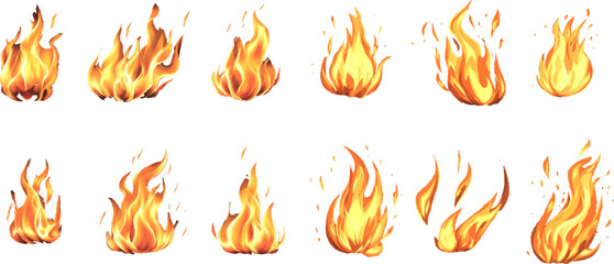 Vector illustration of flames in various shapes and sizes. placed on a white background
