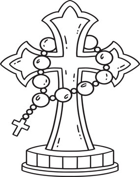 black and white cross with rosary clip art preview