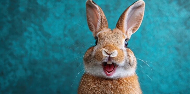 Happy rabbit laughing on a bright blue background, spreading joy and fun.