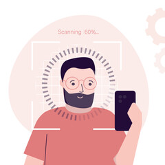 Biometric verification, authentication. Face identification system, scanning male face. User access control, loading bar, modern security technology. Face recognition.