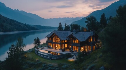 Fototapeta premium Serene Mountain Retreat with Stunning Lake View 