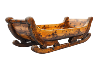 Rustic Wooden sled with metal runners isolated on transparent background, png.