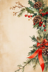 A watercolor painting of a festive Christmas wreath with pine branches, holly, red berries, pine cones, and a large red bow