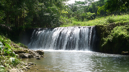 An enchanting waterfall tucked away in a dense forest, its cascading waters only accessible via a secret path known by locals 