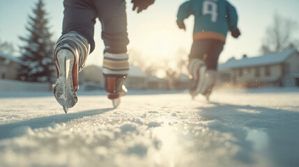 Close-up of kids playing ice hockey on a sunny outdoor rink.