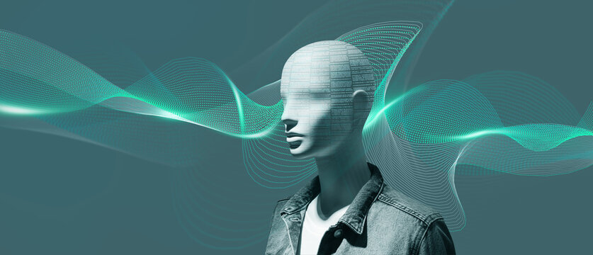 Conceptual image featuring a mannequin with digital text overlay on its face, surrounded by flowing data waves, symbolizing artificial intelligence, information flow
